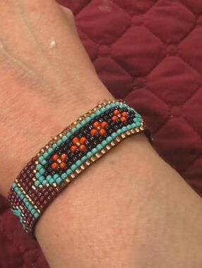Handmade Beaded Bracelet - Turquoise, Orange & Gold Accent